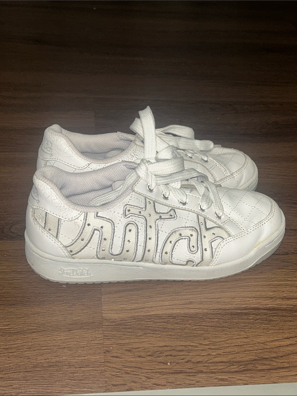 Von Dutch Bunny Hop White Quilted Sneakers with Rhinestone Logo Detail